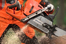 A Husqvarna 572 XP-24® Chainsaw with an orange body and a long metal cutting bar is perfect for all your outdoor needs. Shown from the side, it proudly displays the "Husqvarna" brand on the bar, along with intricate details of the engine and handle.