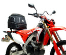 Image displaying components of the EVO-12 Bike-Pack Kit, featuring a black pack with an orange Ventura logo (top left), an EVO-Rack mounted on a bike with pannier support (top right), and a generic L-bracket with screws (bottom). Product for Honda CRF 450 L (2019).