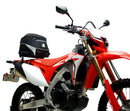 Image displaying components of the EVO-12 Bike-Pack Kit, featuring a black pack with an orange Ventura logo (top left), an EVO-Rack mounted on a bike with pannier support (top right), and a generic L-bracket with screws (bottom). Product for Honda CRF 450 L (2019).