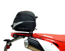 Image displaying components of the EVO-12 Bike-Pack Kit, featuring a black pack with an orange Ventura logo (top left), an EVO-Rack mounted on a bike with pannier support (top right), and a generic L-bracket with screws (bottom). Product for Honda CRF 450 L (2019).