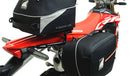 Image displaying components of the EVO-12 Bike-Pack Kit, featuring a black pack with an orange Ventura logo (top left), an EVO-Rack mounted on a bike with pannier support (top right), and a generic L-bracket with screws (bottom). Product for Honda CRF 450 L (2019).