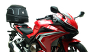 EVO-12 Bike-Pack Kit includes a top-left view of the Evo-12 pack, a top-right image of the Ventura Evo-Rack mounted on a Honda CB 500F (2020) highlighting its sturdy pannier support, and a bottom section displaying the L-Bracket with screws and hardware as 'Generic Image'.