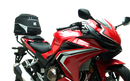 EVO-12 Bike-Pack Kit includes a top-left view of the Evo-12 pack, a top-right image of the Ventura Evo-Rack mounted on a Honda CB 500F (2020) highlighting its sturdy pannier support, and a bottom section displaying the L-Bracket with screws and hardware as 'Generic Image'.