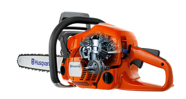 A Husqvarna 572 XP-28® Chainsaw with an orange and black body and a silver blade. The brand name, "Husqvarna," is printed in blue on the blade. This powerful engine tool features a large front handle and a rear handle for control, offering impressive cutting capacity.