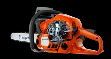 A Husqvarna 572 XP-18® Chainsaw with an orange body and a long silver blade, perfect for forestry work. The Husqvarna logo is displayed on the blade, and the engine and handle are clearly visible. The rugged chainsaw is set against a white background, ready for any outdoor challenge.