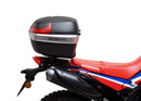 A collage featuring a sophisticated black Honda CRF 300L EVO-12 bike-pack with a bold red stripe, an EVO-RACK for secure mounting, and a standard L-bracket with screws. "Ventura EVO-12 Bike-Pack Kit" is prominently displayed at the top.