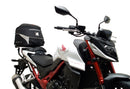 A labeled generic image displays a Honda CB750 Hornet (23 ->) Bike-Pack Kit by Ventura, featuring the versatile Sport-Rack, sleek black EVO-12 Pack with an orange stripe, innovative EVO-Rack for bikes, and handy L-Bracket—shown disassembled with screws.