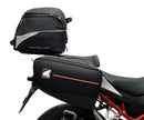 A labeled generic image displays a Honda CB750 Hornet (23 ->) Bike-Pack Kit by Ventura, featuring the versatile Sport-Rack, sleek black EVO-12 Pack with an orange stripe, innovative EVO-Rack for bikes, and handy L-Bracket—shown disassembled with screws.