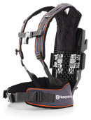 The Husqvarna Backpack Battery Harness features ergonomic padding on the shoulders and waist, adjustable buckles, and a mesh back for comfort—ideal for carrying heavy equipment or a backpack battery.