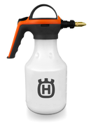 The Husqvarna 1.5 Litre Handheld Sprayer features a white bottle with an orange and black handle, a brass adjustable nozzle, and a bold black "H" logo in a castle shape on the front.