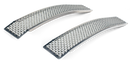 Two Husqvarna Loading ramps made of curved aluminium feature perforated, textured slip-resistant surfaces for traction. Both ramps are placed parallel on a black background, showing their elevated top sides.