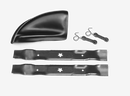 The Husqvarna BioClip® kit for YT tractors includes two black wavy mulching blades, a plastic chute, and two metal pins with rings, all displayed on a plain black background.