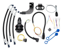 The Husqvarna Hydraulic Kit features hoses, electrical cables, auxiliary hydraulic connectors, mounting brackets, and caps—all neatly arranged on a plain black background.