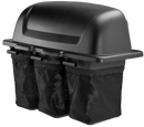 The Collection system by Multiple Husqvarna Division is a black plastic attachment with three nylon bags, a large rounded lid, and a quick detach bagger system for easy removal.