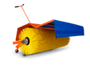 The Husqvarna Brush - suits P524 is a large industrial floor sweeper with bright yellow bristles, an orange metal handle, an angled blue cover, and a rotating brush, shown isolated on a white background.