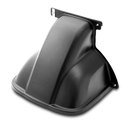 A black, matte Deflector by Husqvarna with an angular, wall-mounted design and curved edges, inspired by the sleek rear ejection style of 100-series garden tractor deflectors.
