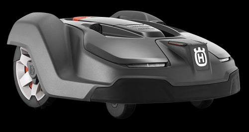 The Husqvarna Automower® 450X is a sleek black and gray robotic mower with large rear wheels, the Husqvarna logo on the front, automated grass cutting, and GPS theft tracking for added security.