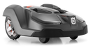 The Husqvarna Automower® 450X is a sleek black and gray robotic mower with large rear wheels, the Husqvarna logo on the front, automated grass cutting, and GPS theft tracking for added security.