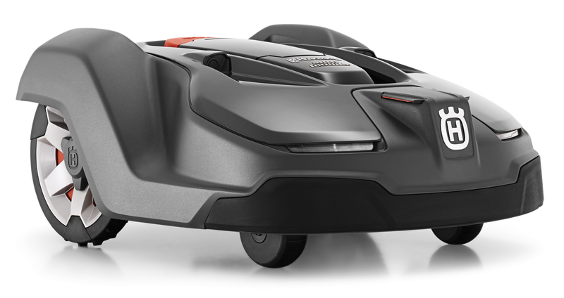 The Husqvarna Automower® 450X is a sleek black and gray robotic mower with large rear wheels, the Husqvarna logo on the front, automated grass cutting, and GPS theft tracking for added security.