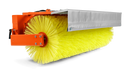 The Husqvarna Brush is a large industrial hydraulic adjustable broom attachment with bright yellow bristles, an orange metal frame, and a partially gray metal shield.