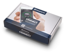 A Husqvarna Automower® Connect Kit box shows a hand holding a smartphone with the Automower app and GPS tracking, plus Husqvarna branding and a QR code on the front.