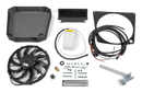 The Husqvarna Cooling Kit includes a fan, wiring, mounting brackets, screws, zip ties, relay, sensor, plastic reservoir, and carbon-fiber fan shroud—all designed for a neat fit under the hood and displayed on a black background.