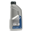 A 1-liter silver bottle of Husqvarna AWD Transmission Oil, labeled "10W-30," features a black cap, blue label with a gear icon, and a premium friction modifier—designed for Husqvarna AWD Riders.