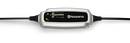 Top view of the Husqvarna Battery charger BC 0.8, designed for 12V lead-acid batteries, with indicator lights and labeled buttons on the front panel, plus cables extending from both sides for safe and water-resistant charging.