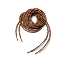 Husqvarna Boot Laces in a coiled, orange, black, and white pattern are arranged in a circle with loose ends—like extra-long 210cm laces ready for rugged leather boots.