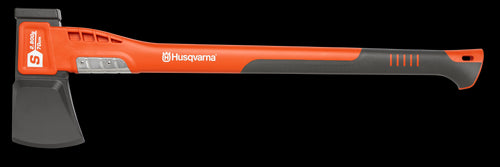 The Husqvarna Splitting Axe S2800 is ideal for splitting large logs, featuring a durable orange and black handle with gray grip sections, a sturdy black blade, and the white Husqvarna logo.