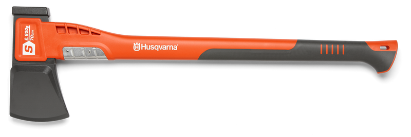 The Husqvarna Splitting Axe S2800 is ideal for splitting large logs, featuring a durable orange and black handle with gray grip sections, a sturdy black blade, and the white Husqvarna logo.