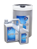 Three containers of Husqvarna 10W/30 4-stroke oil—a large drum, a 4L jug, and a 1L bottle—all with blue and gray labels.
