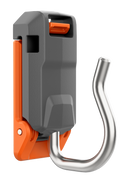 The Husqvarna Carrier hook features a sturdy, curved metal arm in gray and orange for hanging tools or water cans. Its modern, angular base is made of durable plastic, making it a versatile storage solution.