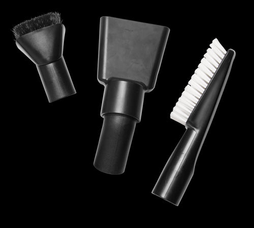 The Husqvarna Cleaning Nozzle Kit features three black attachments—a round brush, a flat nozzle, and a narrow brush with white bristles—perfect for cleaning vehicles and displayed on a white background.