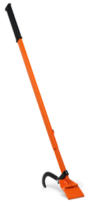 The Husqvarna Breaking Bar is an orange demolition tool with a long handle for two-handed use, featuring a flat wedge-shaped end and a curved metal hook near the base, ideal for removing flooring or tiles.
