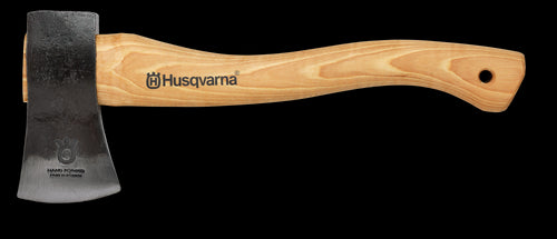 The Husqvarna Hatchet features a wooden handle and black blade, with the Husqvarna logo printed on the handle. Ideal for camping, it is shown against a white background.