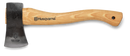 The Husqvarna Hatchet features a wooden handle and black blade, with the Husqvarna logo printed on the handle. Ideal for camping, it is shown against a white background.