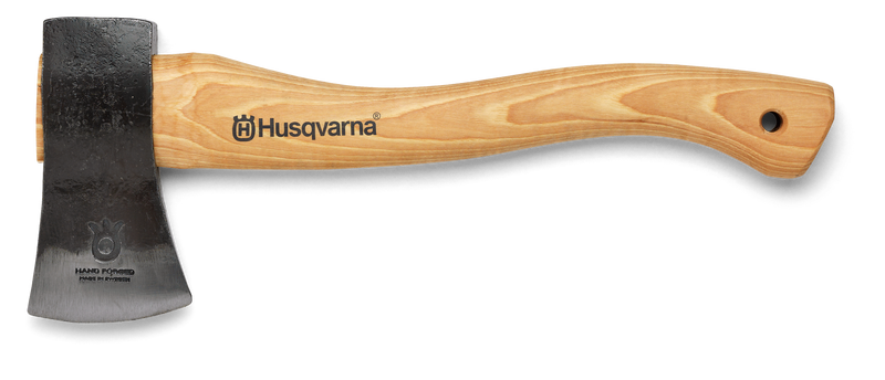 The Husqvarna Hatchet features a wooden handle and black blade, with the Husqvarna logo printed on the handle. Ideal for camping, it is shown against a white background.