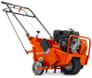 The Husqvarna AR19 (Honda) is an orange self-propelled walk-behind saw with a black engine, metal handles, and wheels, designed for cutting concrete or asphalt surfaces.