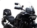The image of the EVO-12 Bike-Pack Kit displays three components: a Ventura bike-pack with logo, an EVO-rack seamlessly attached to a Harley Davidson Pan America 1250 frame, and an L-bracket with screws and rods.
