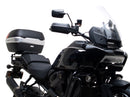 The image of the EVO-12 Bike-Pack Kit displays three components: a Ventura bike-pack with logo, an EVO-rack seamlessly attached to a Harley Davidson Pan America 1250 frame, and an L-bracket with screws and rods.
