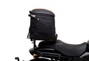 A labeled diagram displays the Ventura EVO-12 Bike-Pack Kit for Harley Davidson X 500 (24->), featuring an EVO-12 Pack (black bag), Adjustable Pack-Rack (rear rack), and a generic L-Bracket with screws and rods, all clearly labeled.