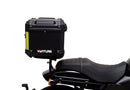 A labeled diagram displays the Ventura EVO-12 Bike-Pack Kit for Harley Davidson X 500 (24->), featuring an EVO-12 Pack (black bag), Adjustable Pack-Rack (rear rack), and a generic L-Bracket with screws and rods, all clearly labeled.