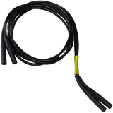 A coiled black cable with two pronged ends on one side and a single pronged end on the other, ideal for Honda Power Equipment Honda Parallel Inverter Link Cable use. The cable, featuring a yellow band near the split end, is perfect for achieving double power output from connected generators in parallel.