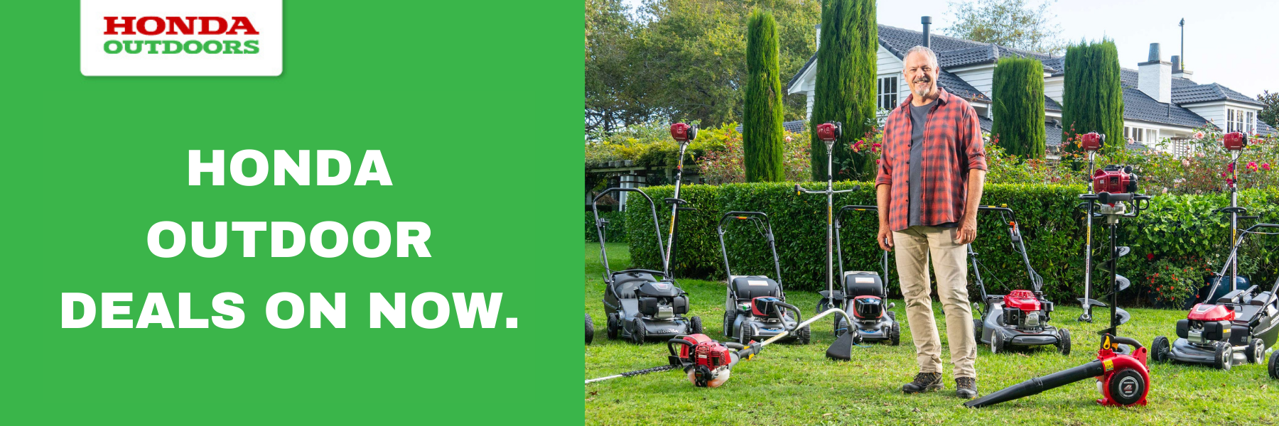 Gardener in his yard with his Honda Lawnmower, Leaf Blower,Edge Trimmer and Post Hole Digger