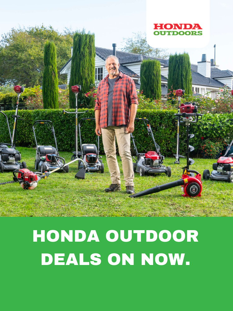 Gardener in his yard with his Honda Lawnmower, Leaf Blower,Edge Trimmer and Post Hole Digger