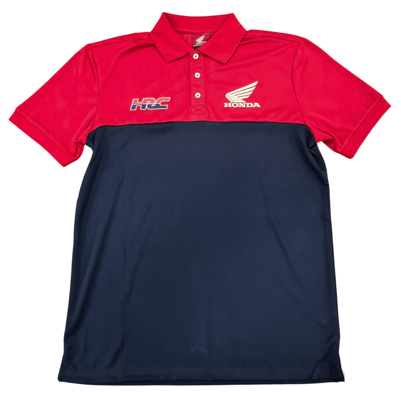 The Honda HRC Polo T-Shirt by HRC features a stylish two-tone design with red on the upper part and sleeves, and navy blue on the lower part. Crafted from 100% polyester, it includes three white buttons on the front and proudly displays "HRC" alongside the Honda logo on the red section, capturing true Honda Team spirit.