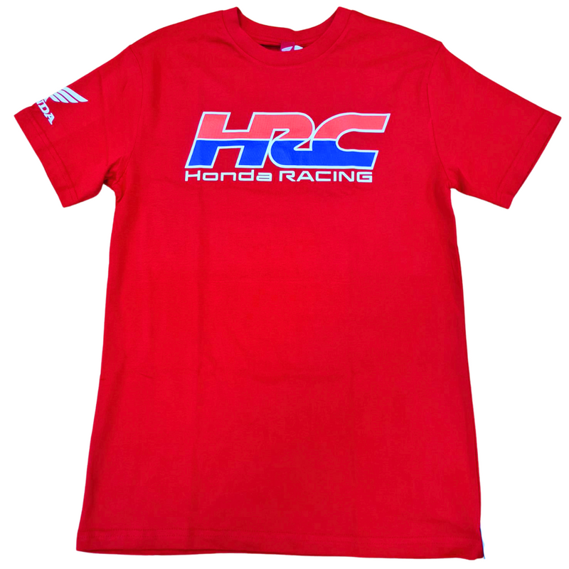 The Honda HRC Red T-Shirt by HRC features the Honda Racing Corporation (HRC) logo on the front in blue, white, and red text. The right sleeve also displays a white Honda wing logo, ensuring performance casual comfort for any Honda team enthusiast.