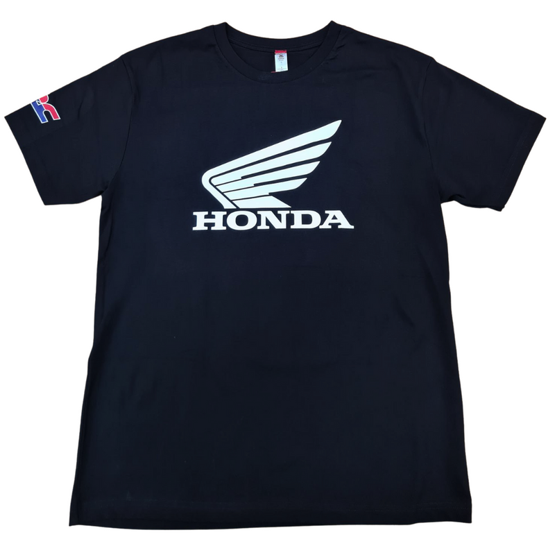 The Honda HRC Black T-Shirt, branded by HRC, showcases a white Honda logo featuring a winged design above the word "HONDA" printed on the front. Crafted from 100% cotton, it also includes a small emblem with a red, white, and blue design on the left sleeve. This T-shirt is perfect for any Honda Team enthusiast.