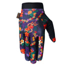 The FIST HULA GLOVE features a vibrant floral and animal print over a black base with bright red, orange, and purple accents. "FIST" is printed in yellow across the fingers—ideal MTB gloves for riders who want bold style.
